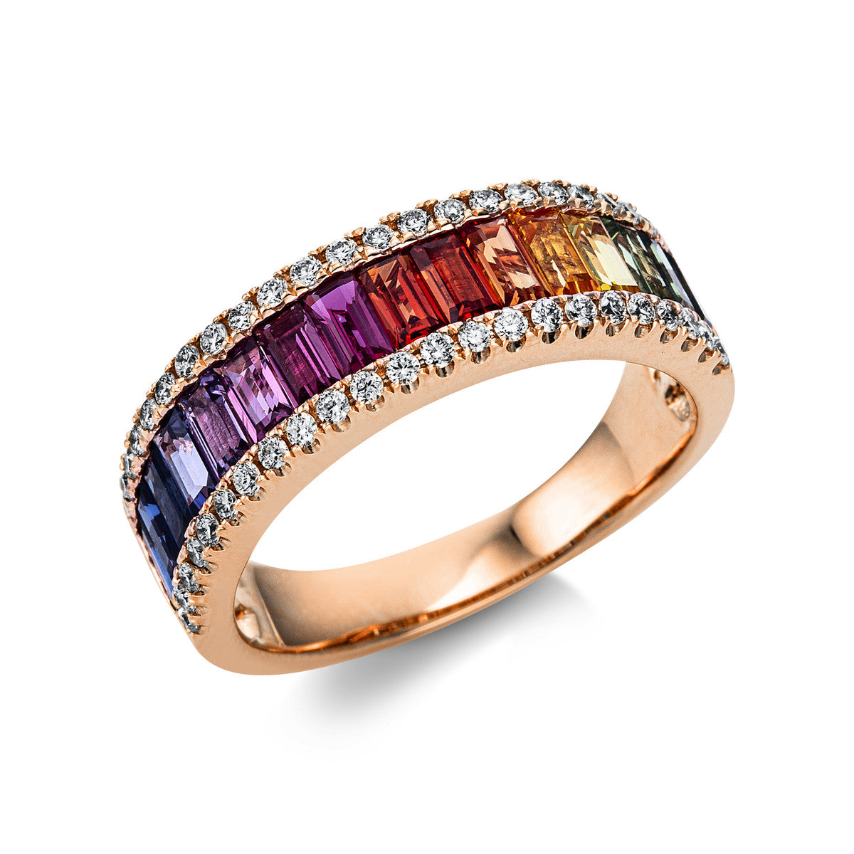 diamond full cut sapphire rainbow & multicolor ring in red gold