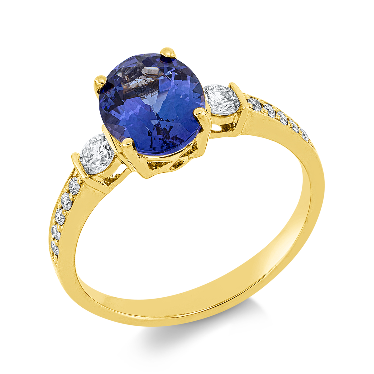 diamond full cut tanzanite colored stone classic ring in yellow gold