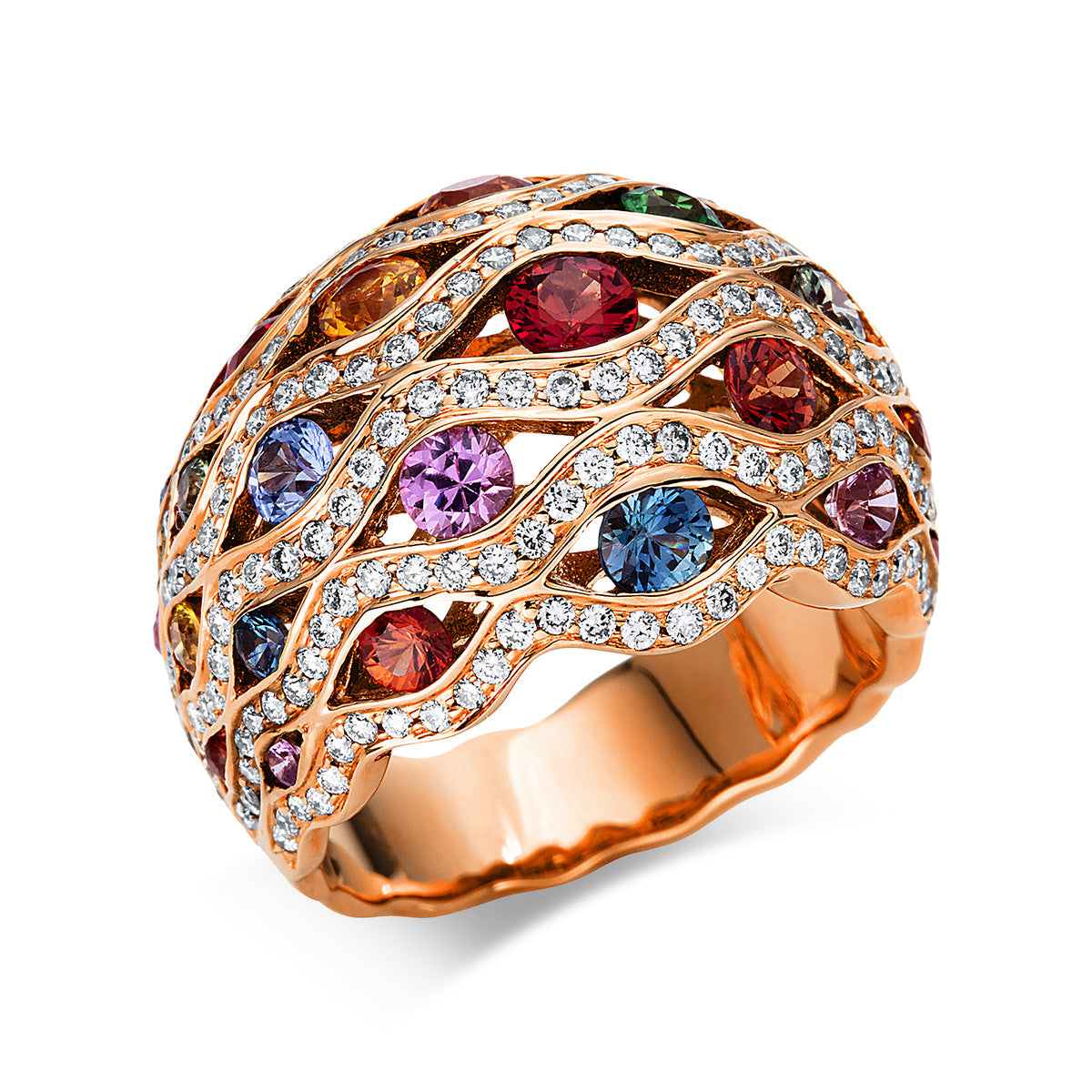 diamond full cut sapphire rainbow & multicolor ring in red gold