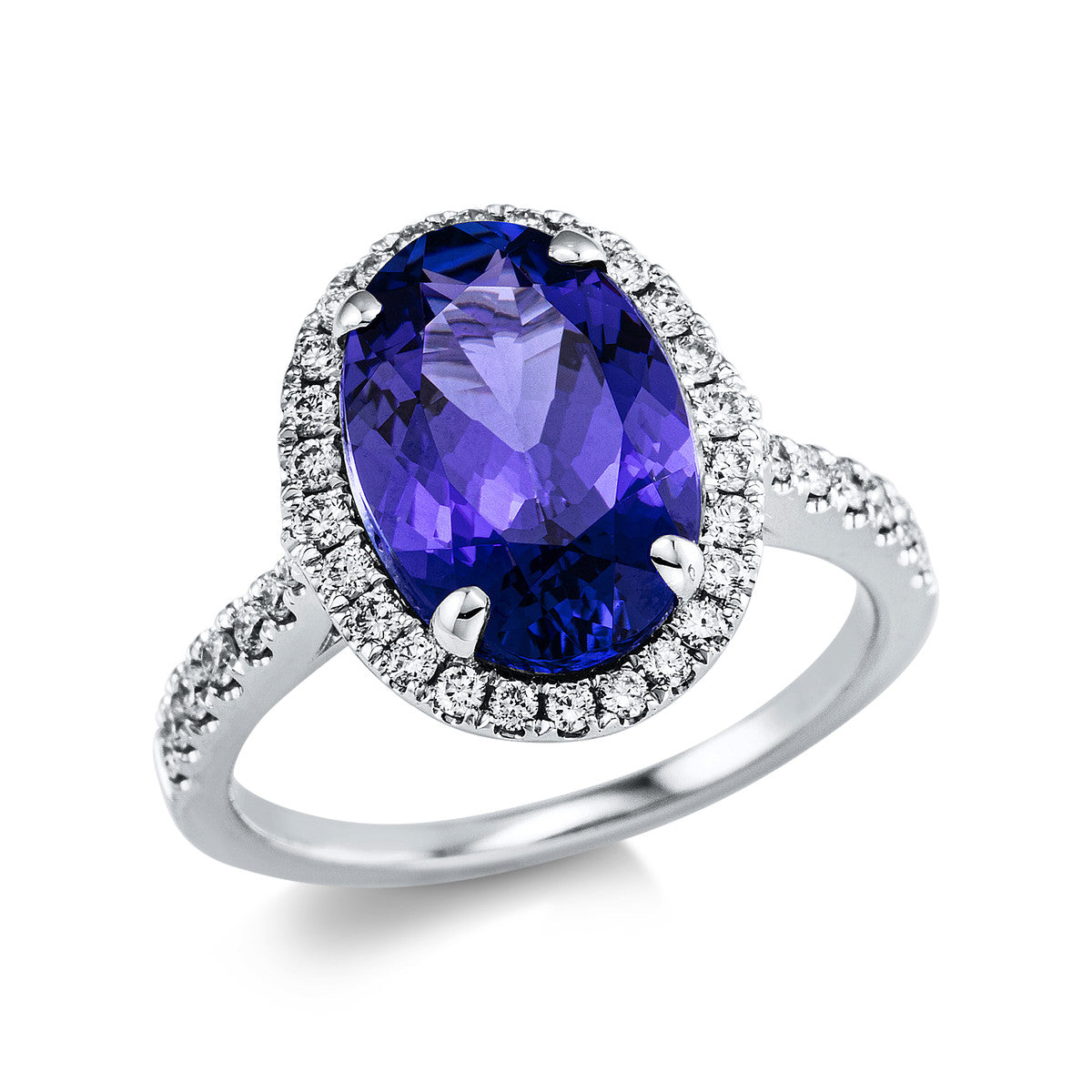 diamond full cut tanzanite colored stone classic ring in white gold