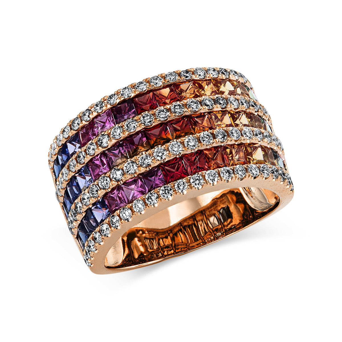 diamond full cut sapphire rainbow & multicolor ring in red gold