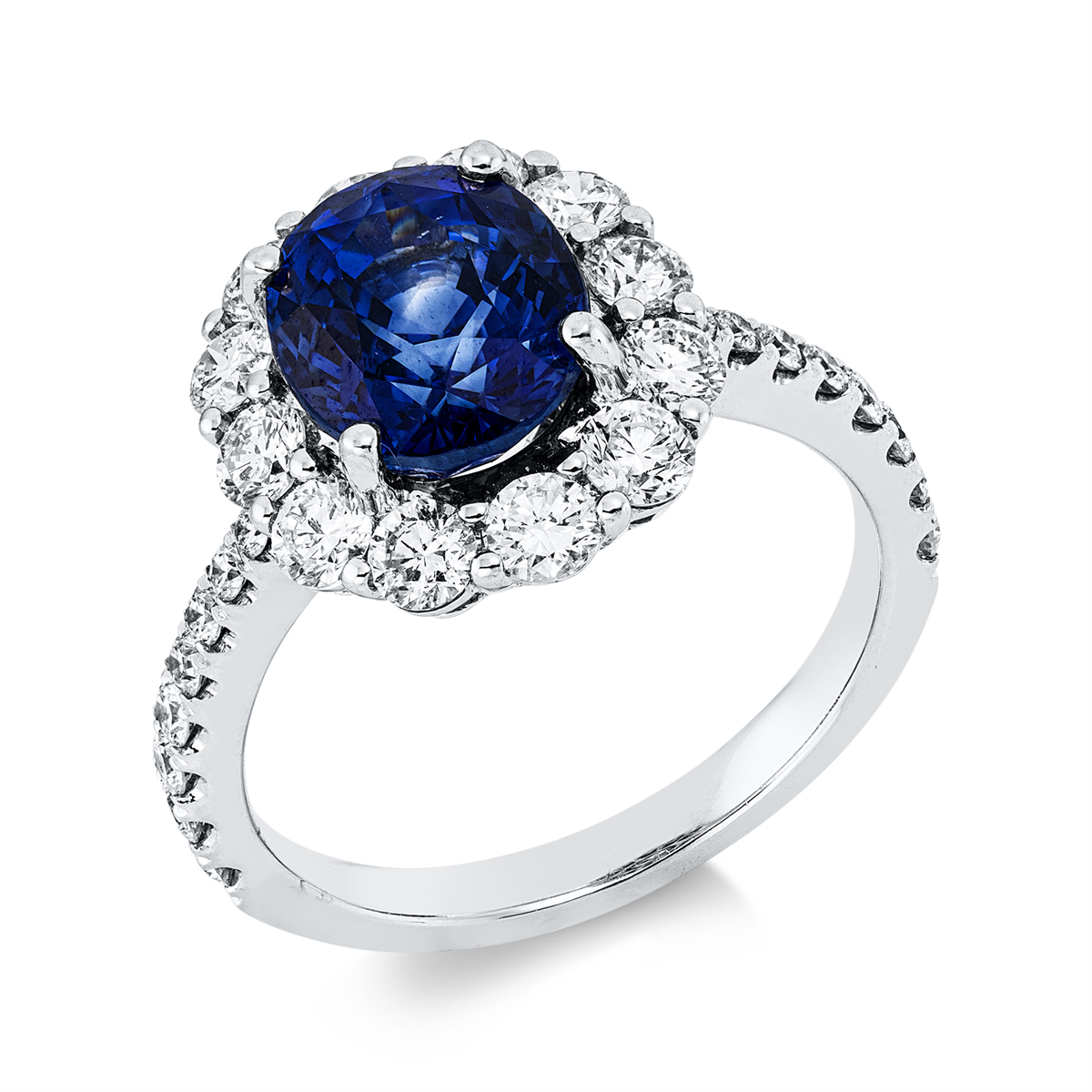 diamond full cut sapphire colored stone classic ring in white gold