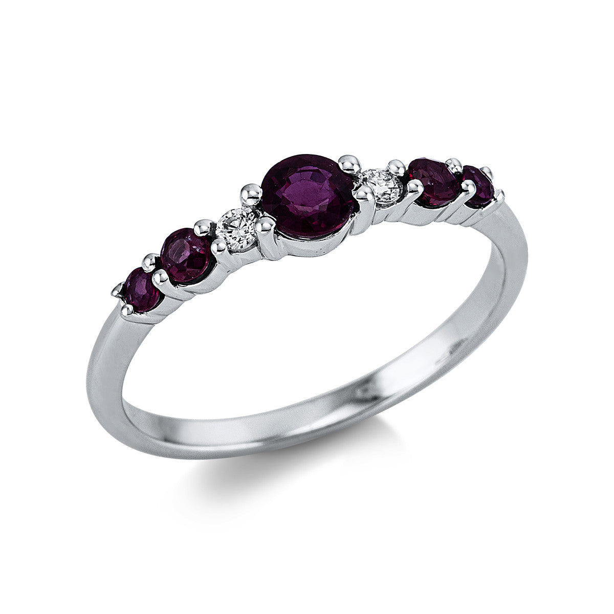 diamond full cut ruby colored stone classic ring in white gold
