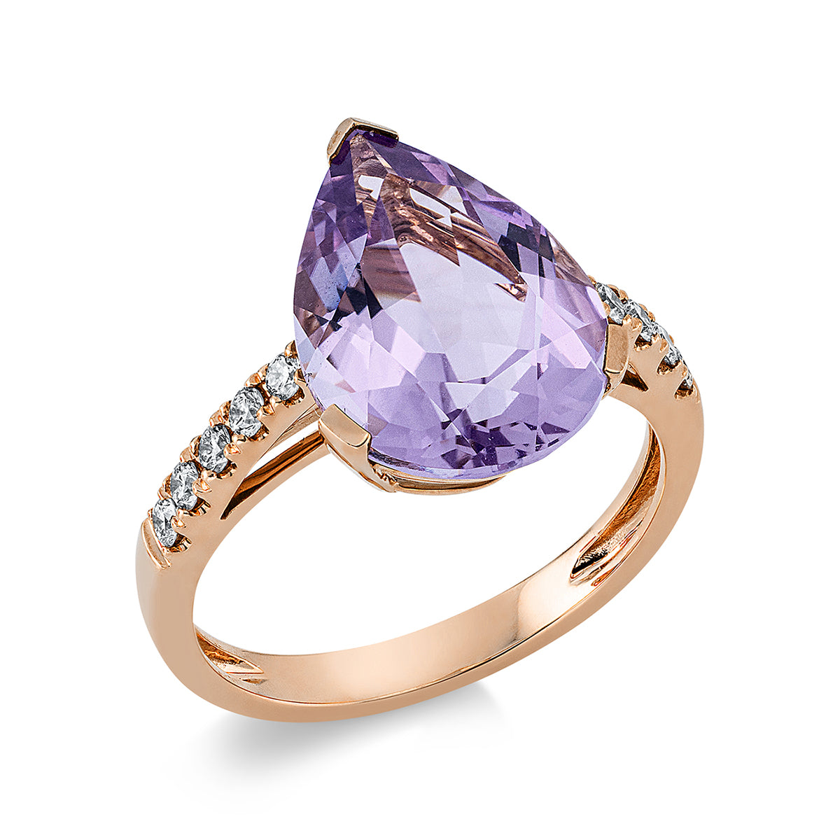 diamond full cut amethyst colored stone fashion ring in red gold