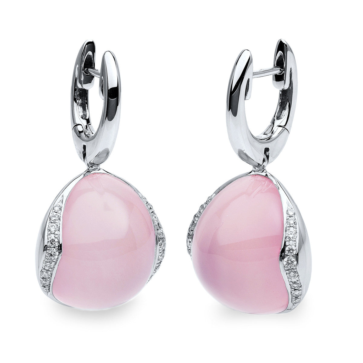 diamond full cut rose quartz colored stone fashion earrings in white gold
