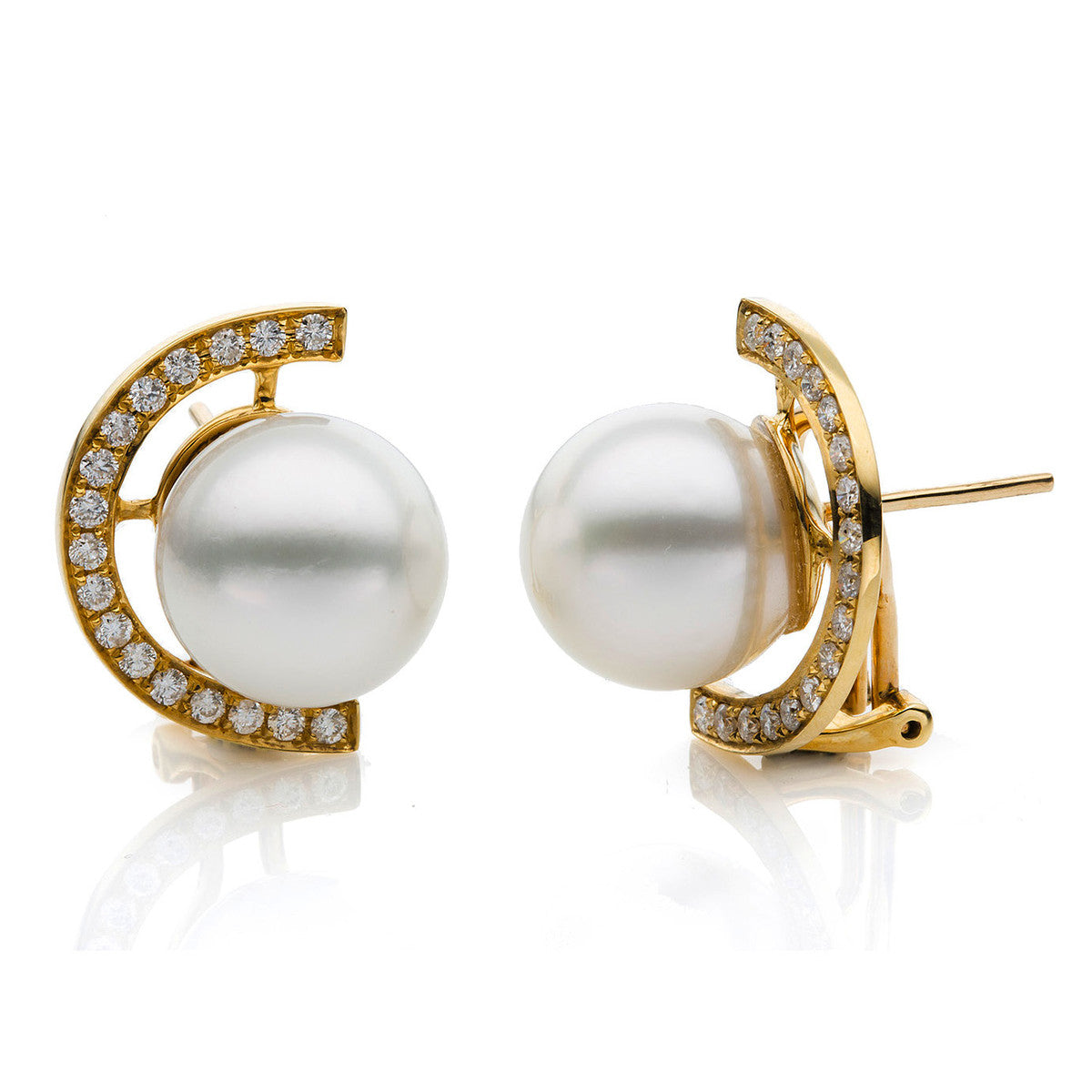 diamond full cut  pearl studs in yellow gold