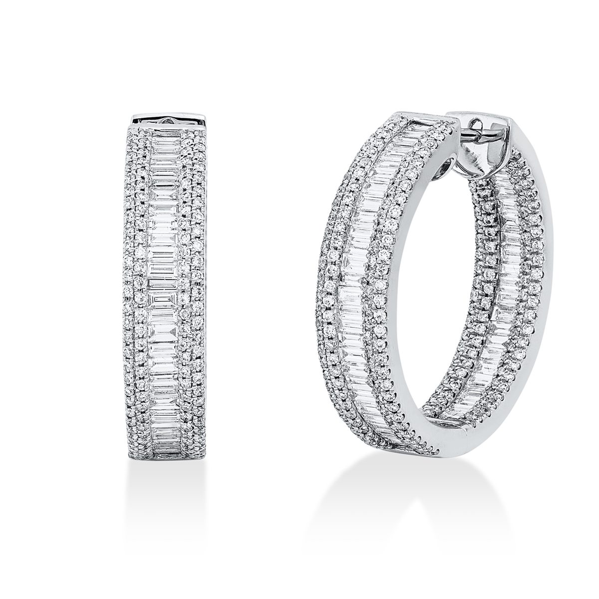 diamond full cut  baguette hoops & huggies in white gold