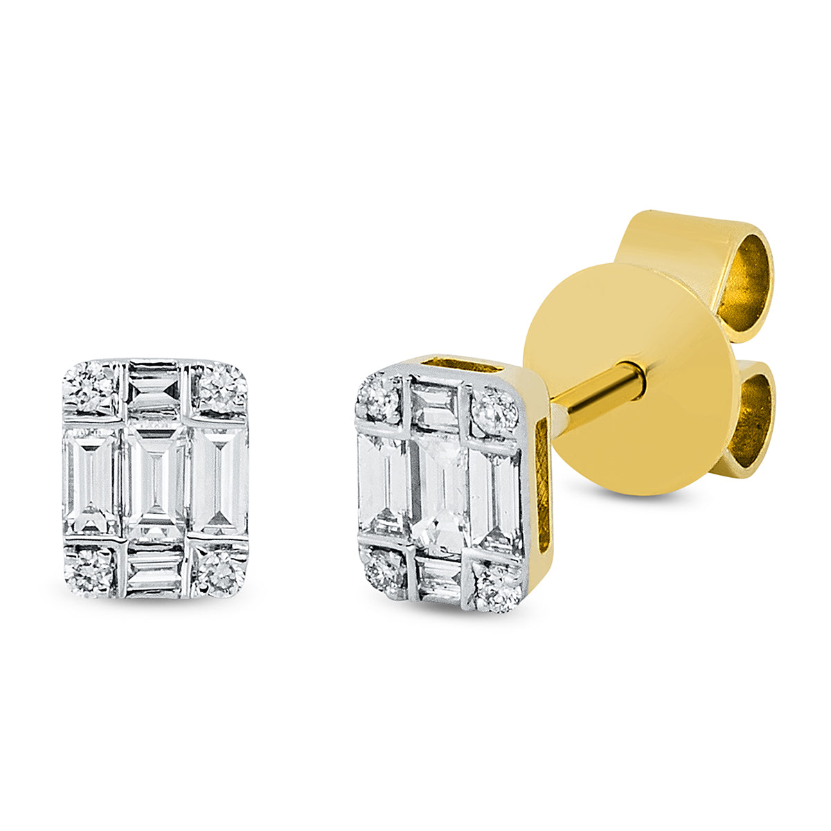 diamond full cut  baguette illusion studs in yellow gold