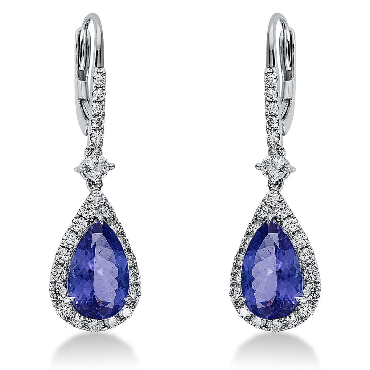 diamond full cut tanzanite colored stone fashion earrings in white gold