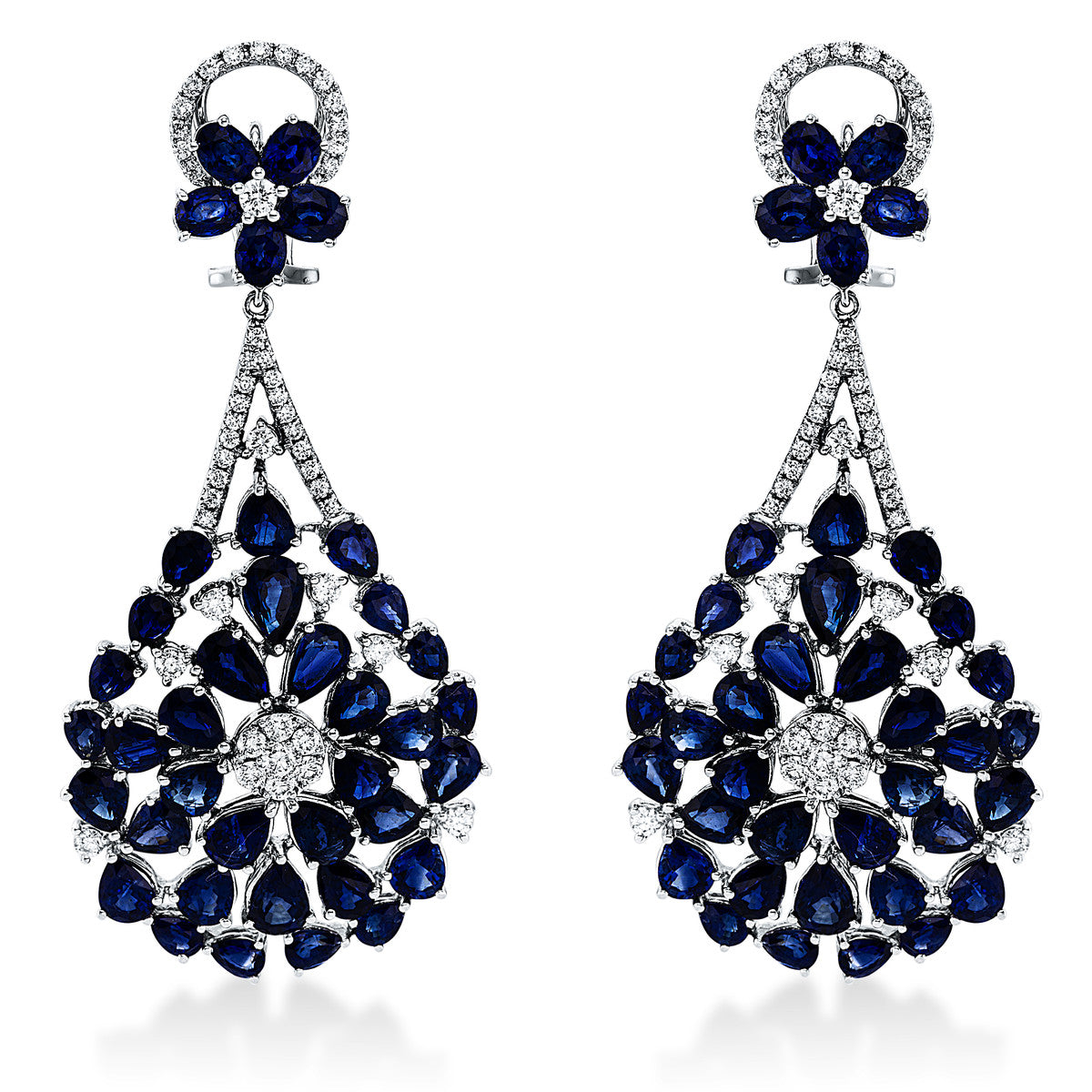 diamond full cut sapphire colored stone classic earrings in white gold