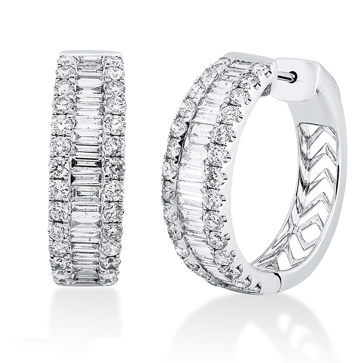 diamond full cut  baguette hoops & huggies in white gold
