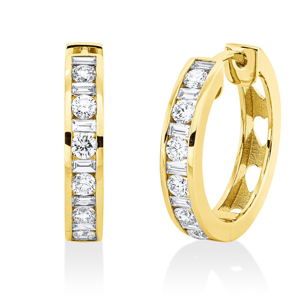 diamond full cut  baguette hoops & huggies in yellow gold