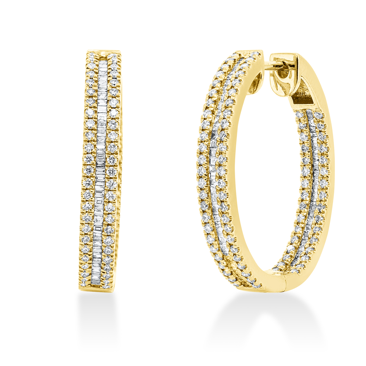 diamond full cut  baguette hoops & huggies in yellow gold