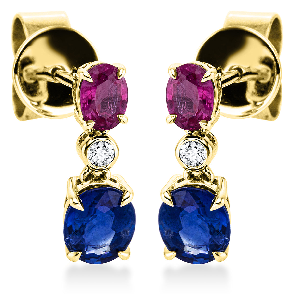 diamond full cut sapphire colored stone classic earrings in yellow gold