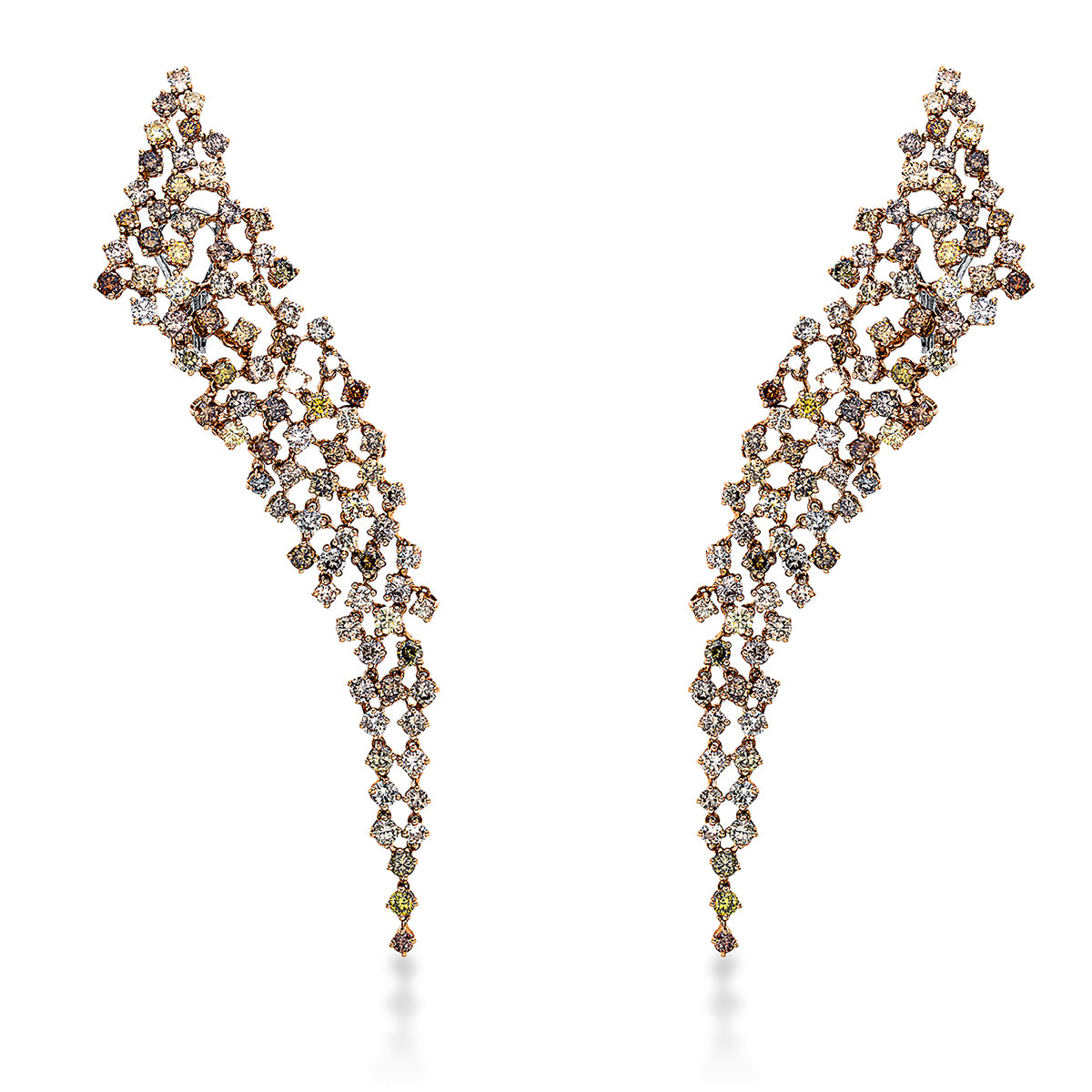 diamond full cut  fancy colored diamond earrings in red gold