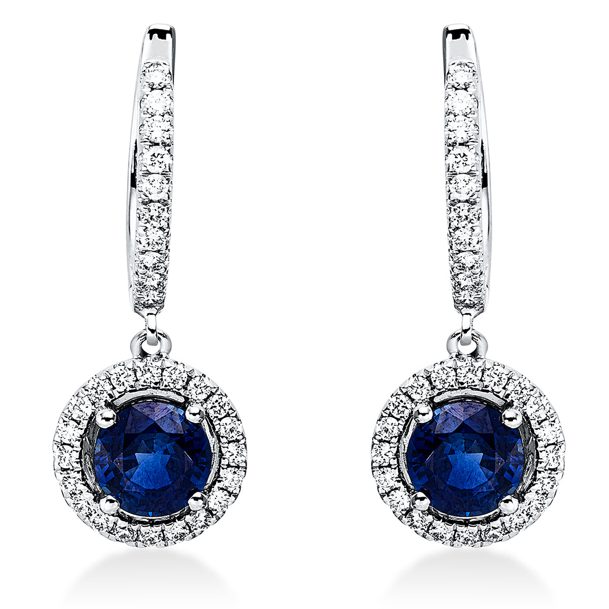 diamond full cut sapphire colored stone classic earrings in white gold