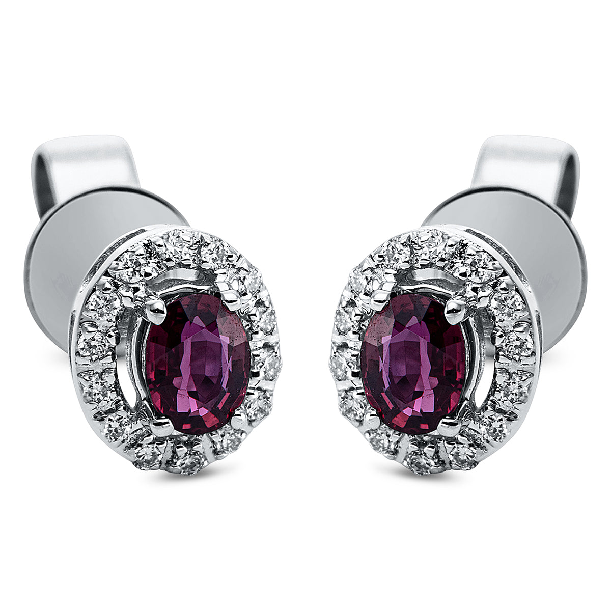 diamond full cut ruby colored stone classic studs in white gold