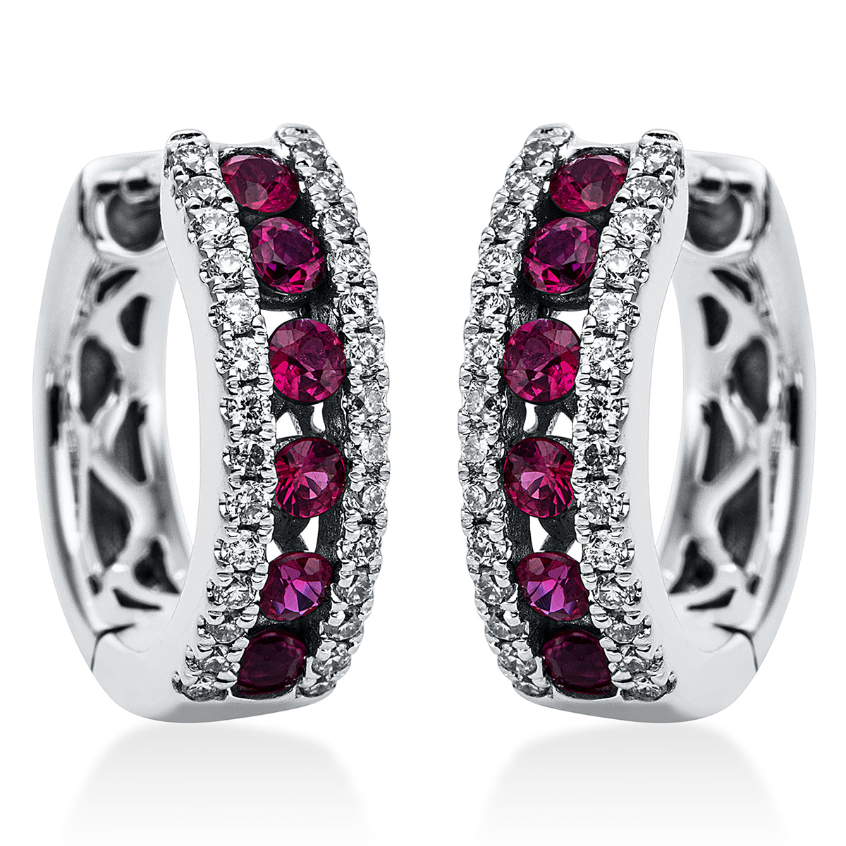 diamond full cut ruby colored stone classic hoops & huggies in white gold
