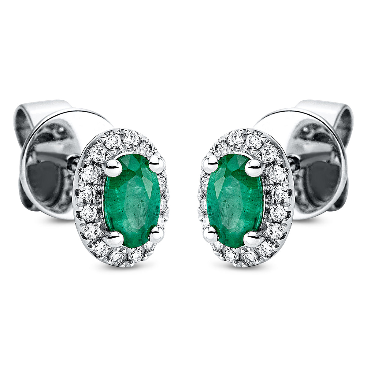 diamond full cut emerald colored stone classic studs in white gold