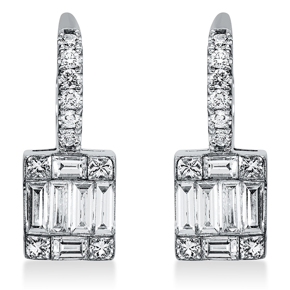 diamond full cut  baguette illusion earrings in white gold