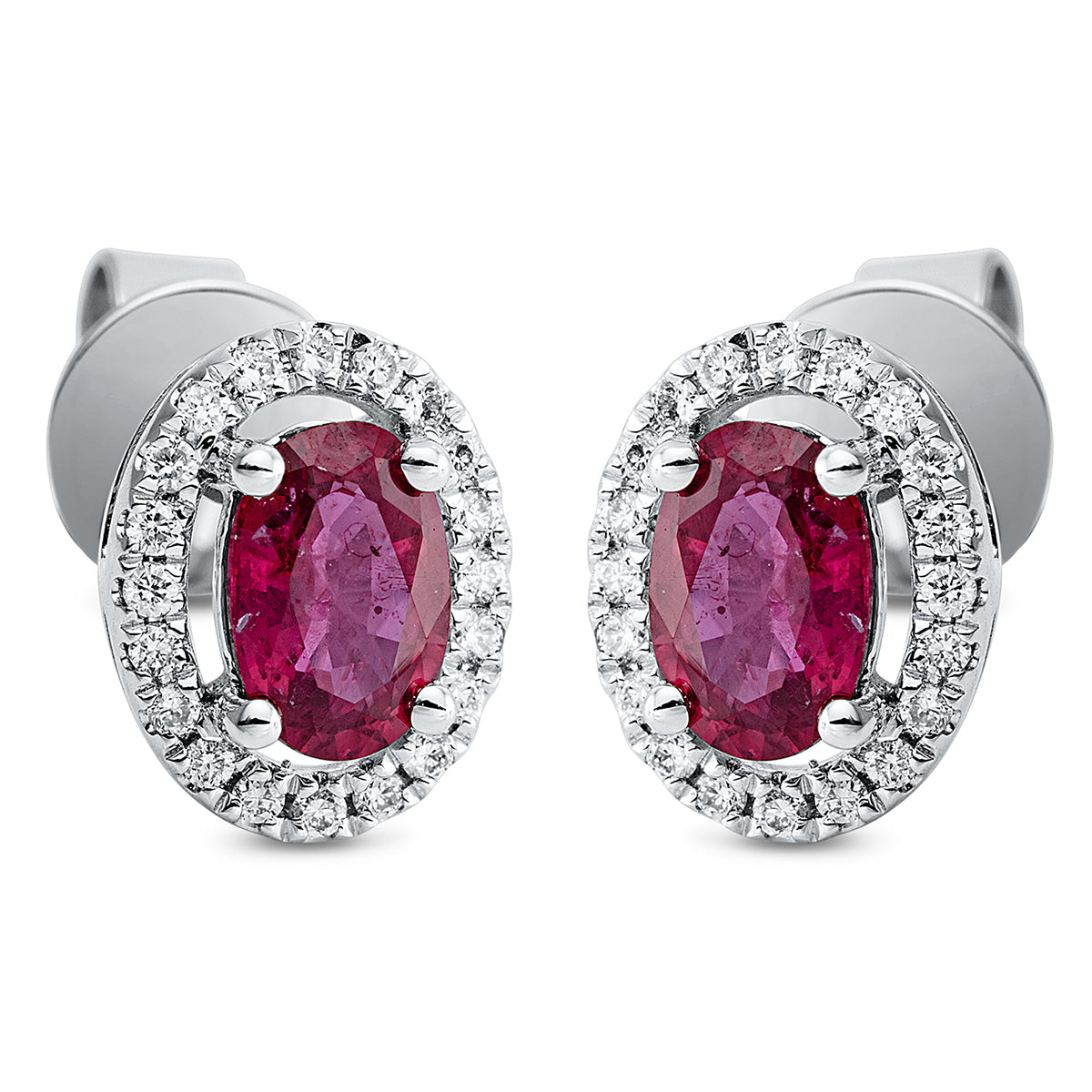 diamond full cut ruby colored stone classic studs in white gold