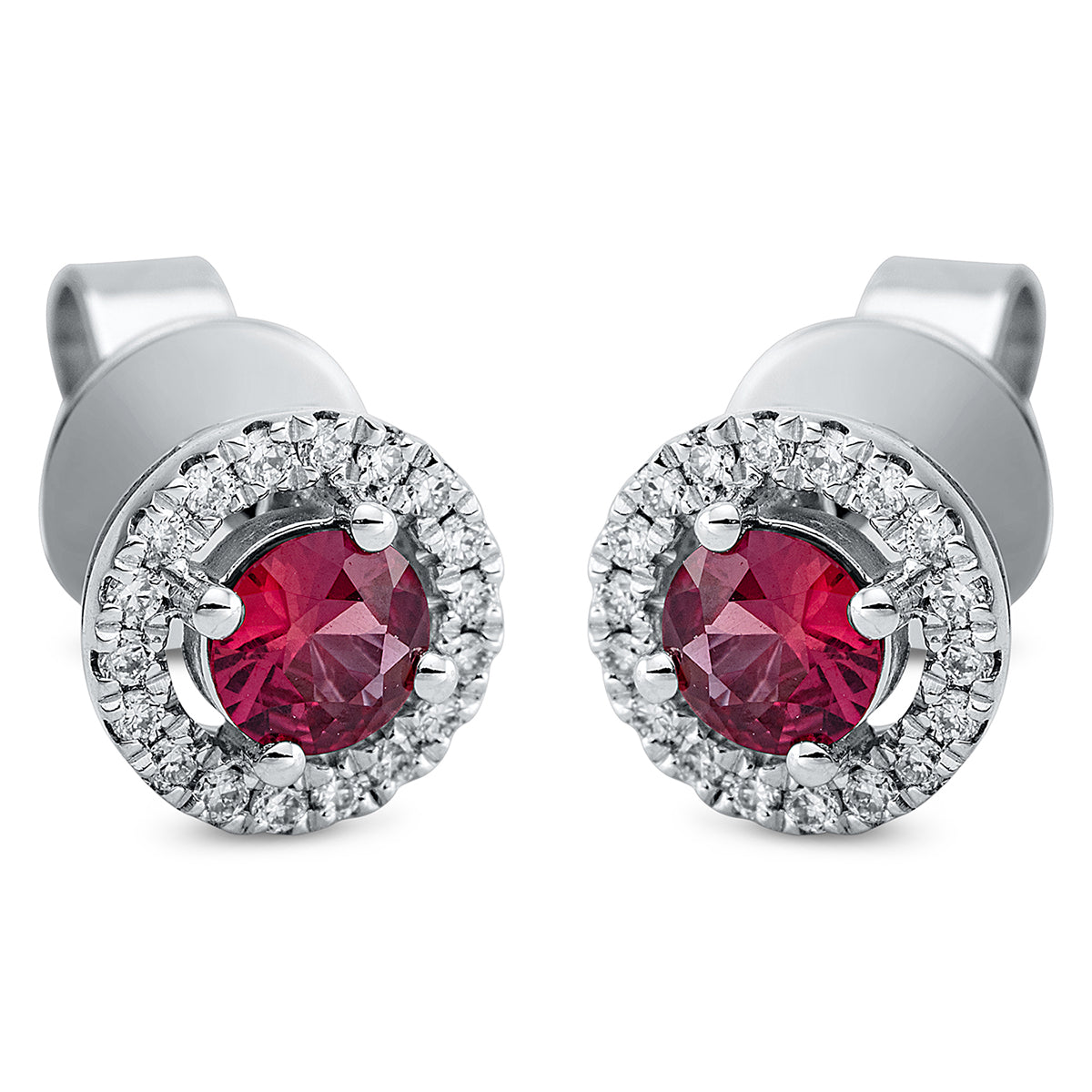 diamond full cut ruby colored stone classic studs in white gold