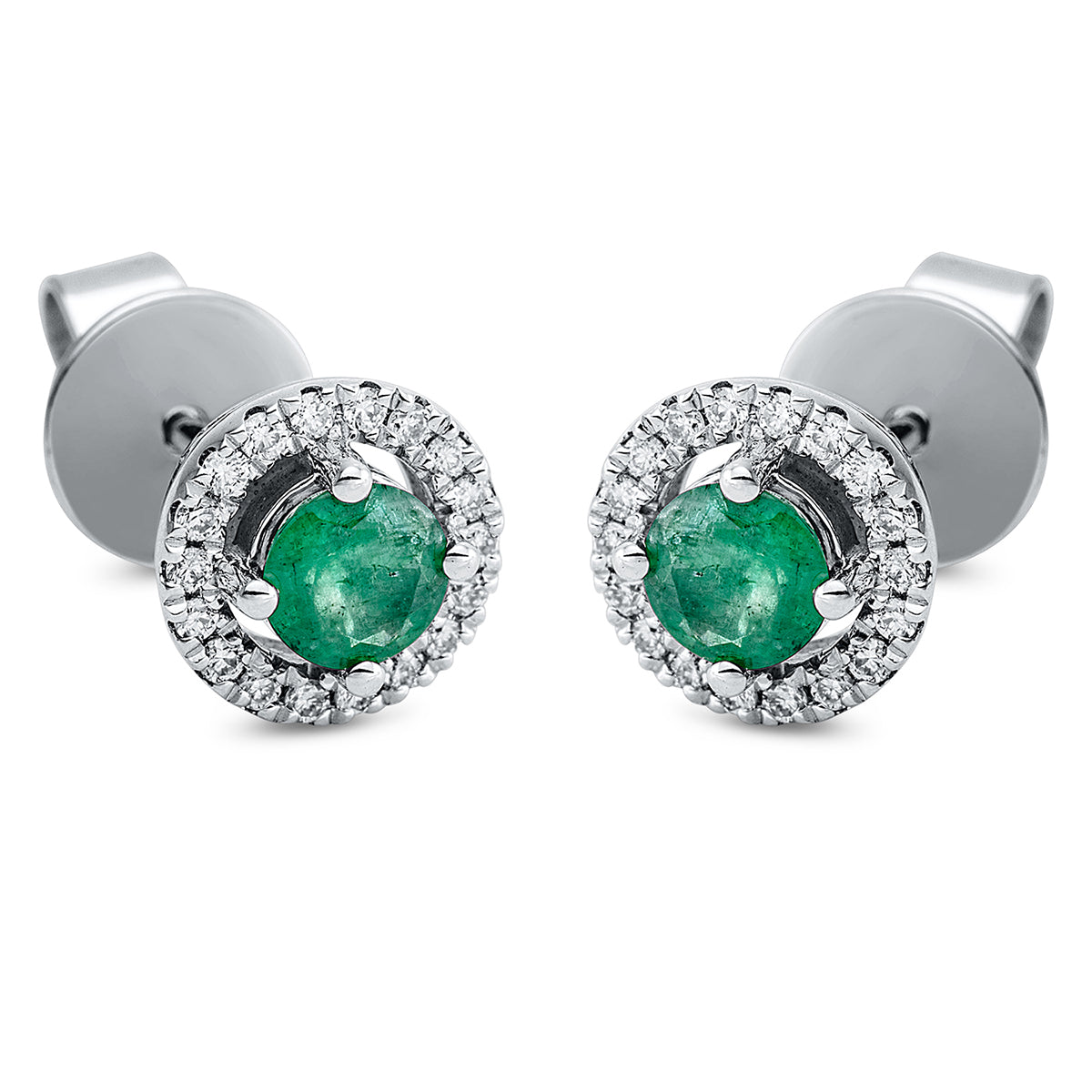 diamond full cut emerald colored stone classic studs in white gold