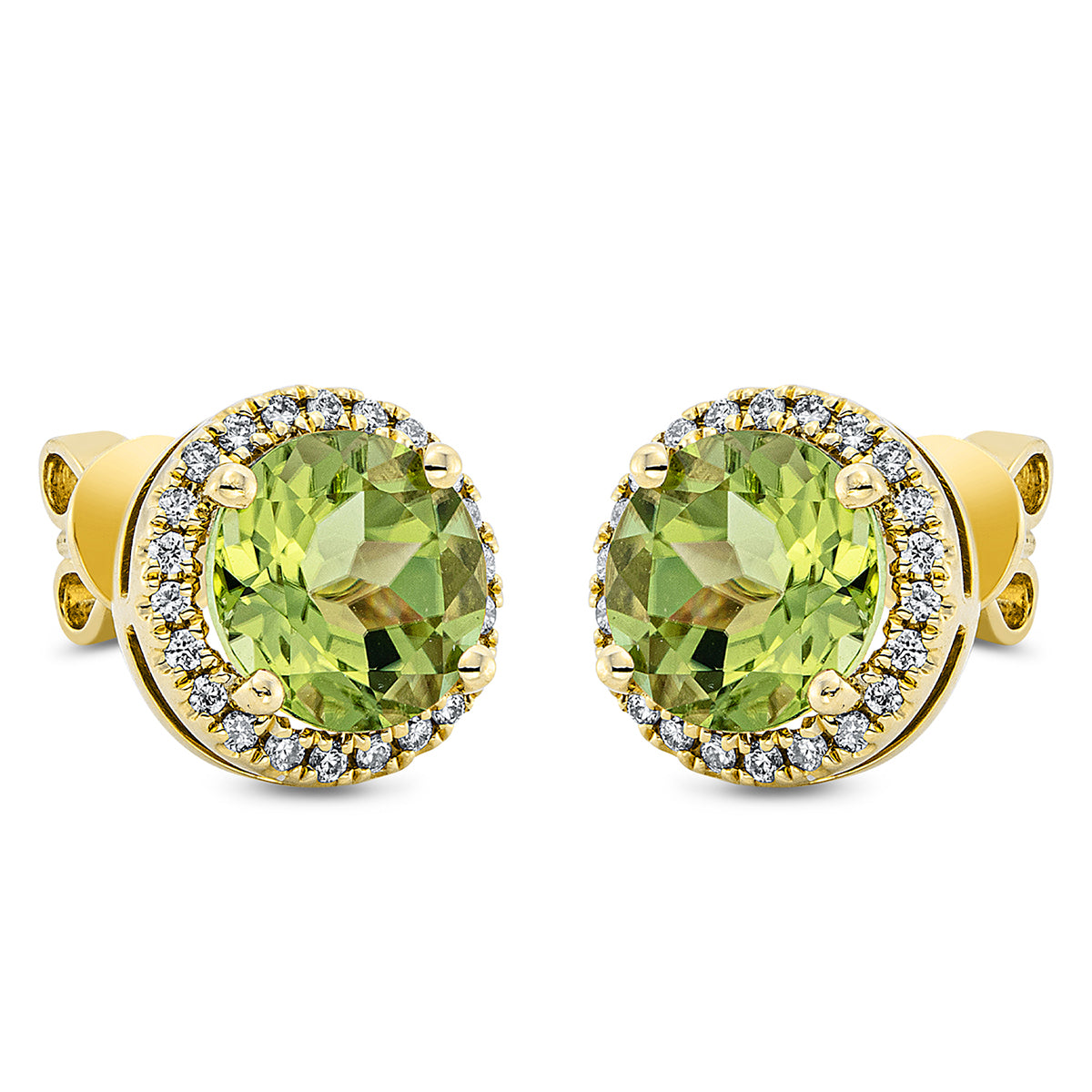 diamond full cut peridot colored stone fashion studs in yellow gold