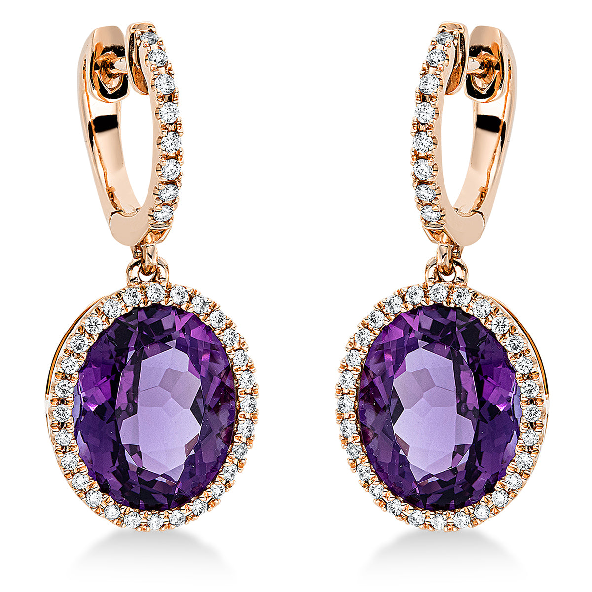 diamond full cut amethyst colored stone fashion earrings in red gold