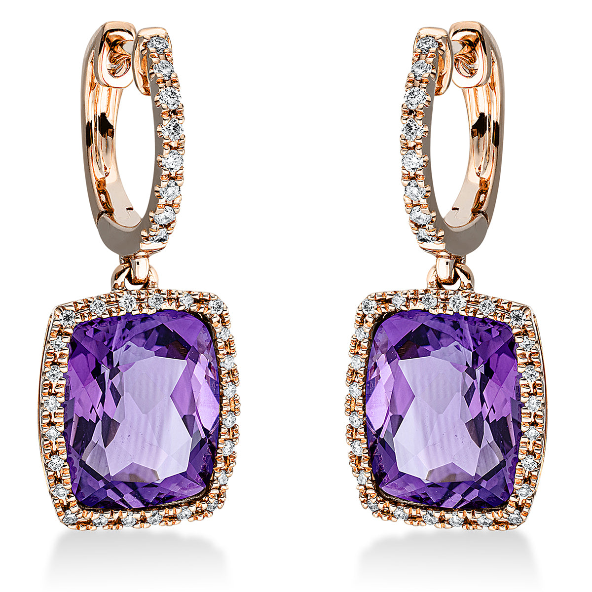 diamond full cut amethyst colored stone fashion earrings in red gold