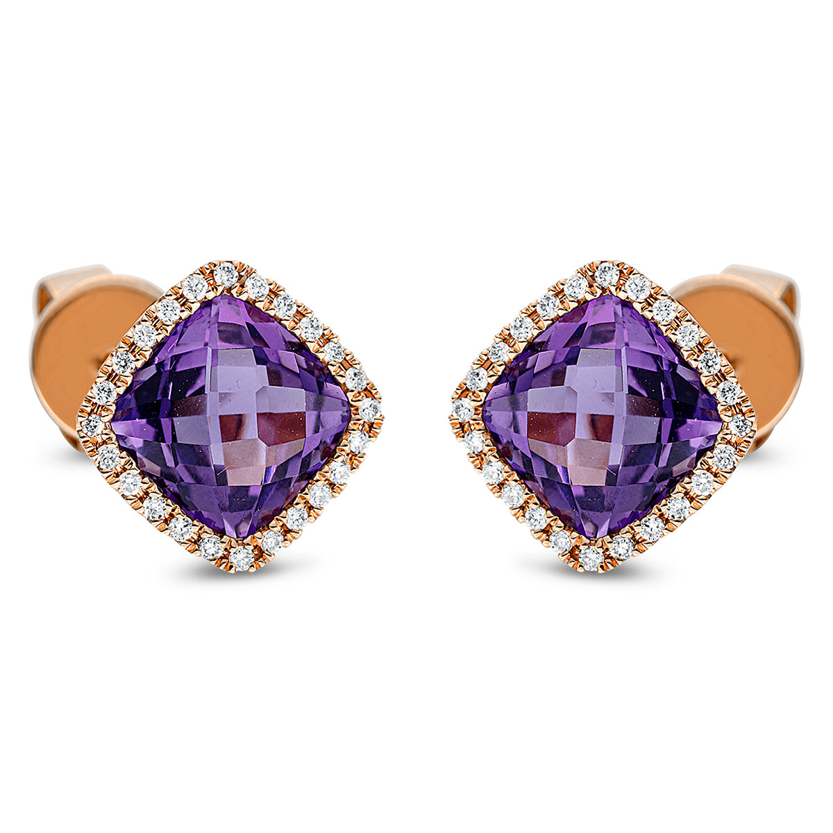 diamond full cut amethyst colored stone fashion studs in red gold