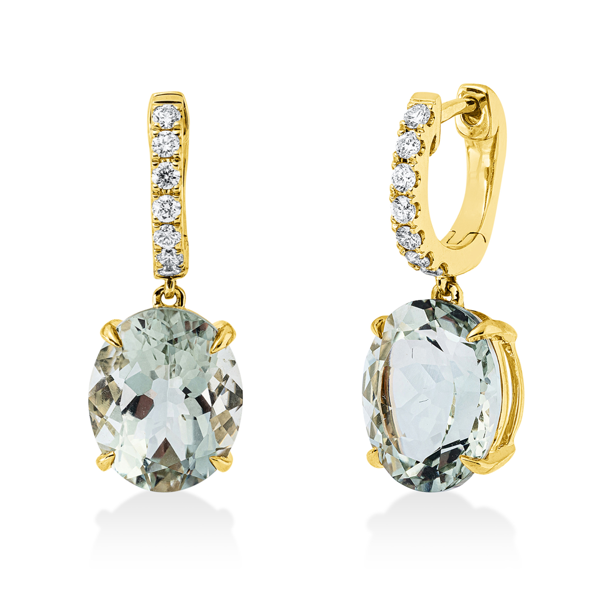 diamond full cut amethyst colored stone fashion earrings in yellow gold