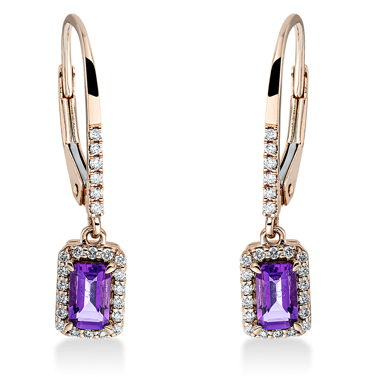 diamond full cut amethyst colored stone fashion earrings in red gold