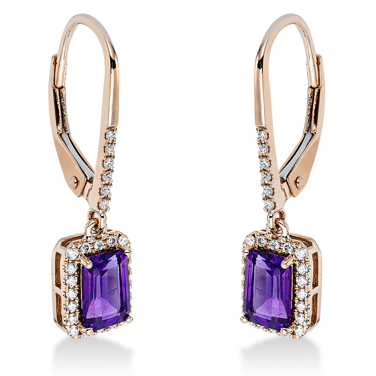 diamond full cut amethyst colored stone fashion earrings in red gold