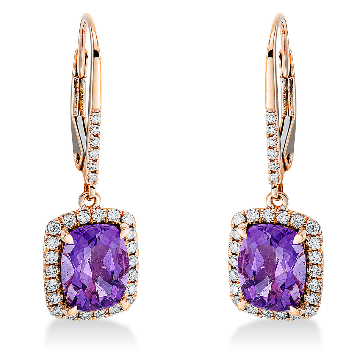 diamond full cut amethyst colored stone fashion earrings in red gold