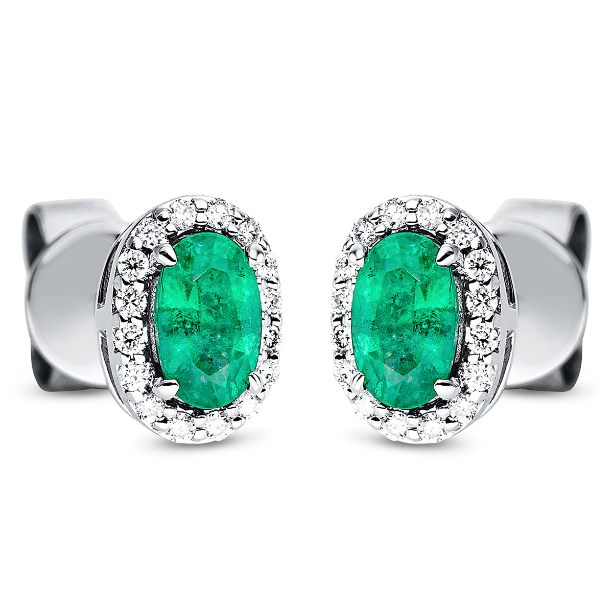 diamond full cut emerald colored stone classic studs in white gold