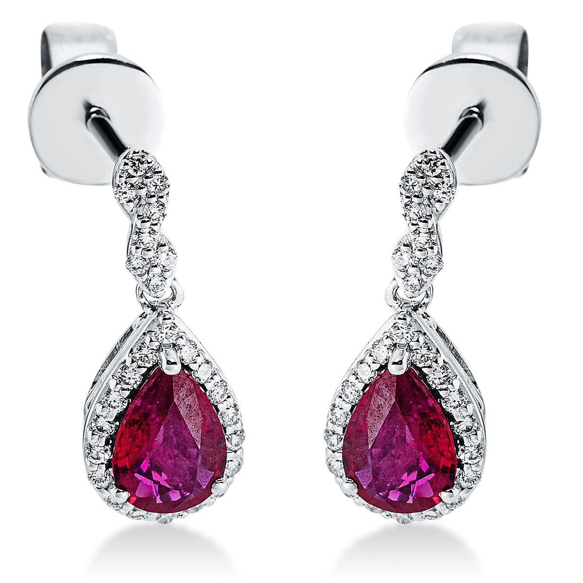 diamond full cut ruby colored stone classic earrings in white gold