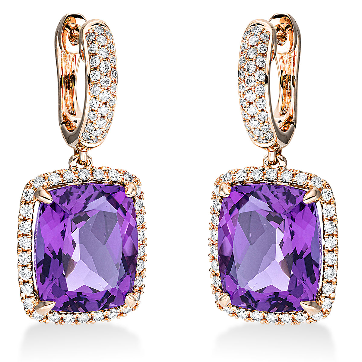 diamond full cut amethyst colored stone fashion earrings in red gold