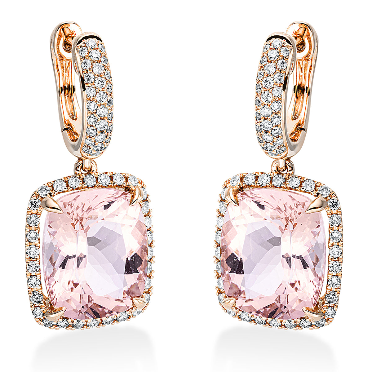 diamond full cut morganite colored stone fashion earrings in red gold