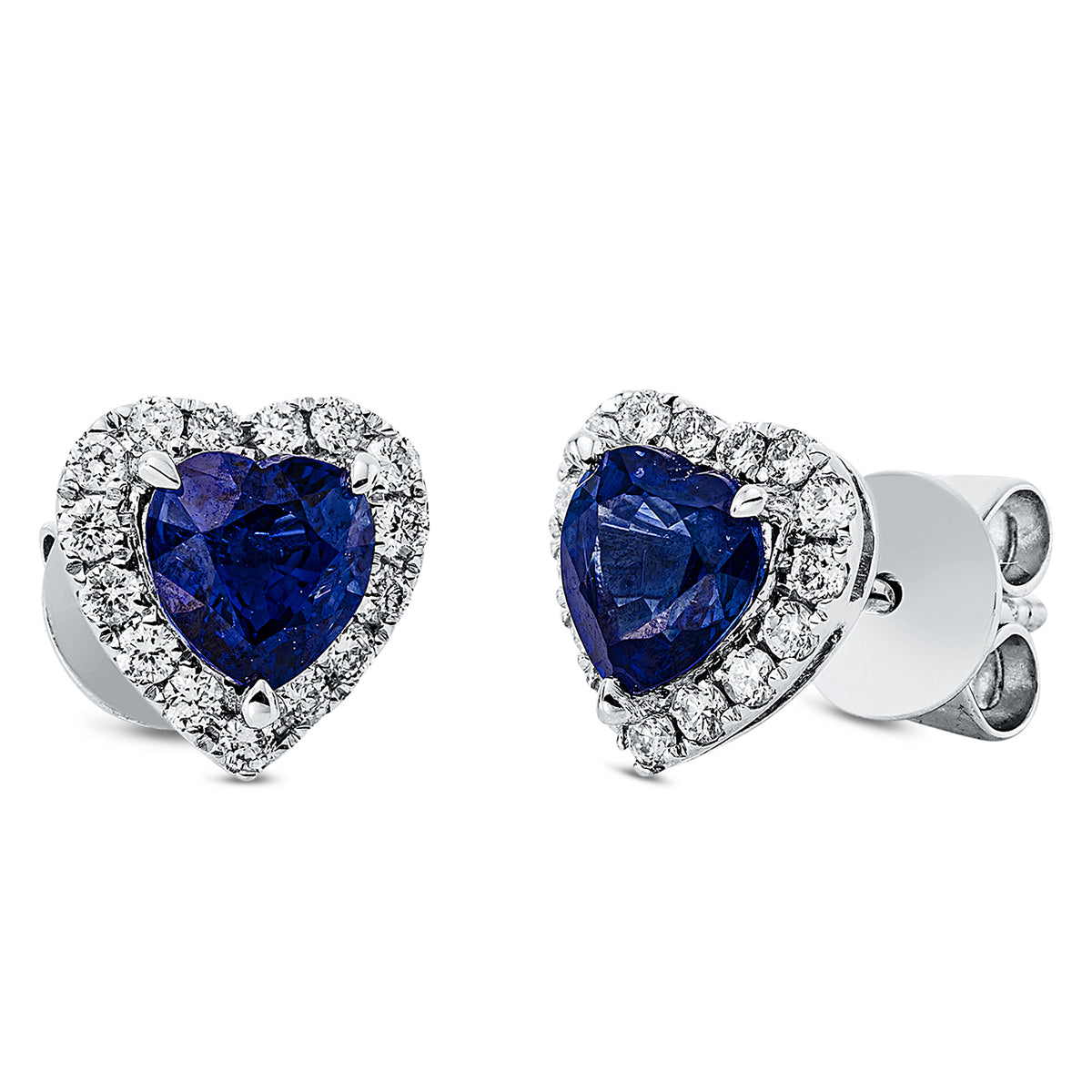 diamond full cut sapphire heart studs in white gold