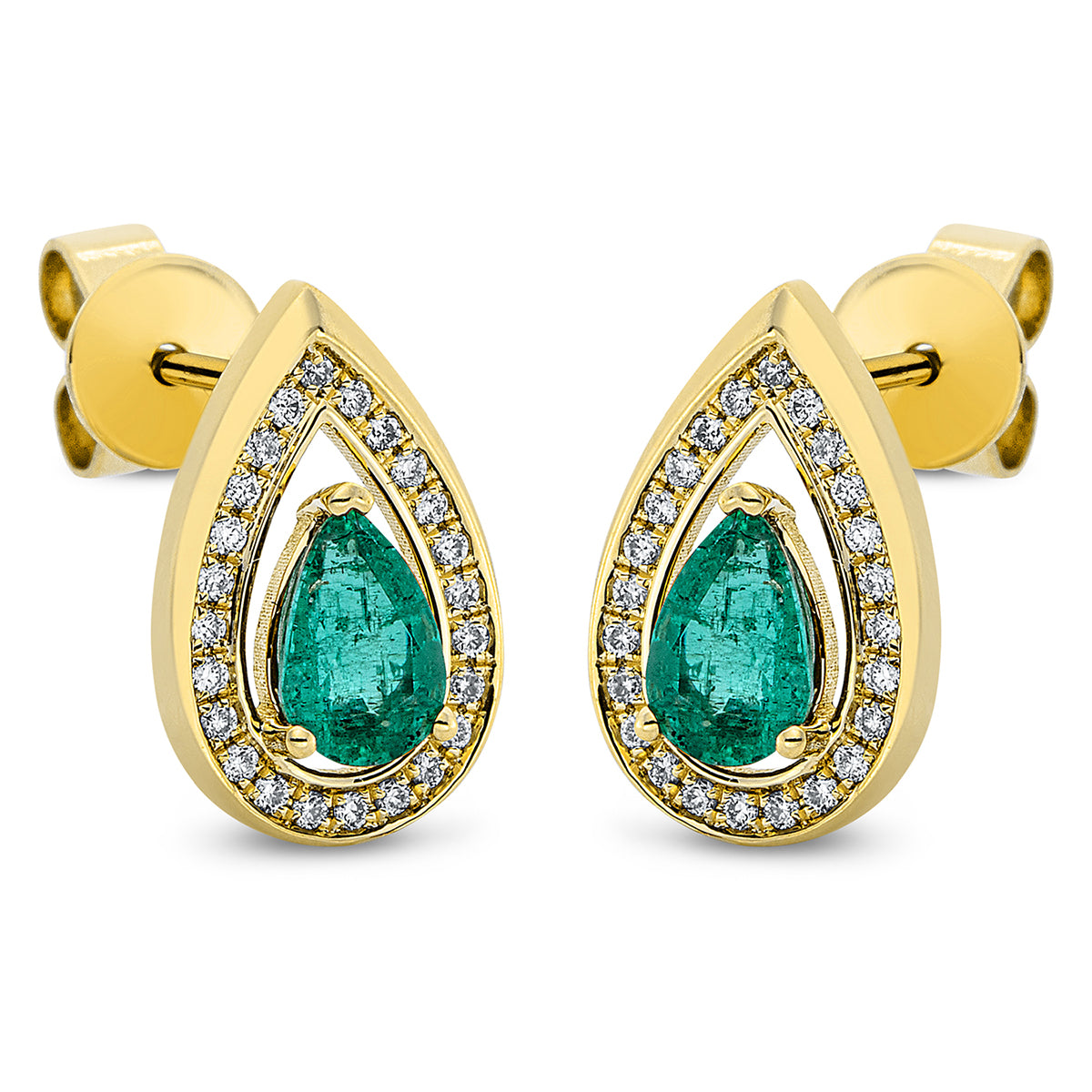 diamond full cut emerald colored stone classic studs in yellow gold