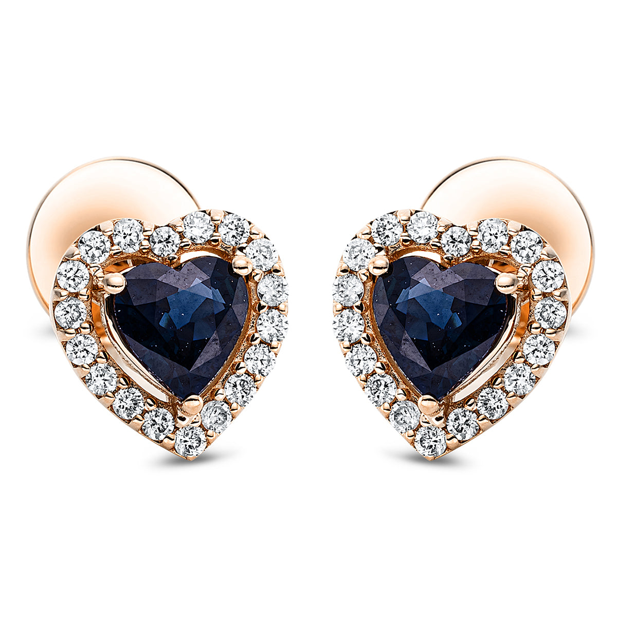 diamond full cut sapphire heart studs in red gold