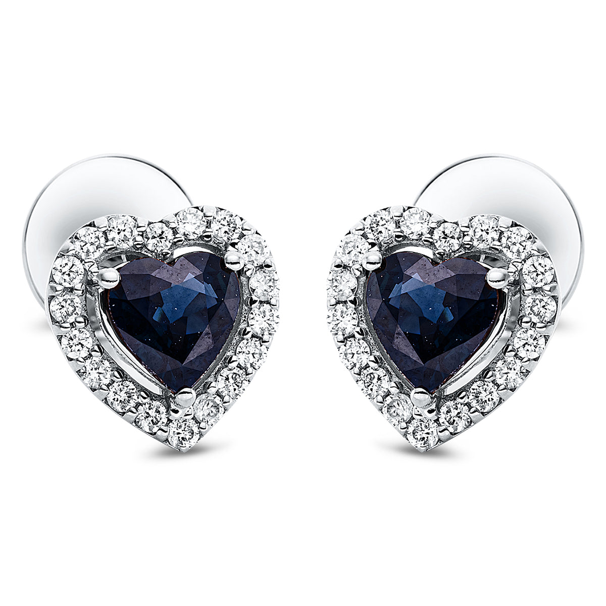 diamond full cut sapphire heart studs in white gold