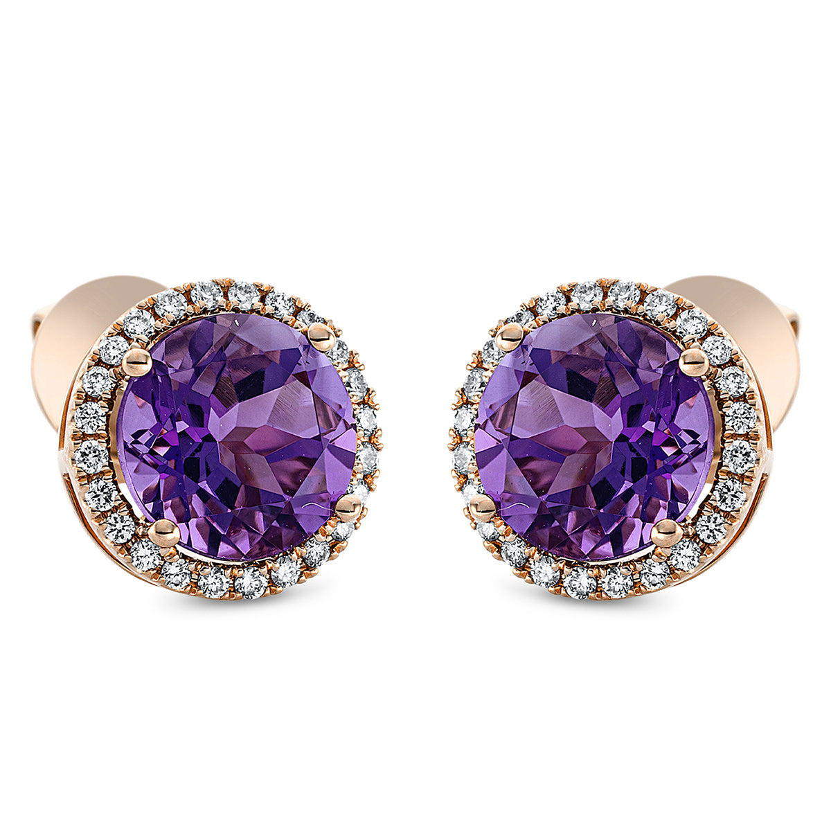 diamond full cut amethyst colored stone fashion studs in red gold