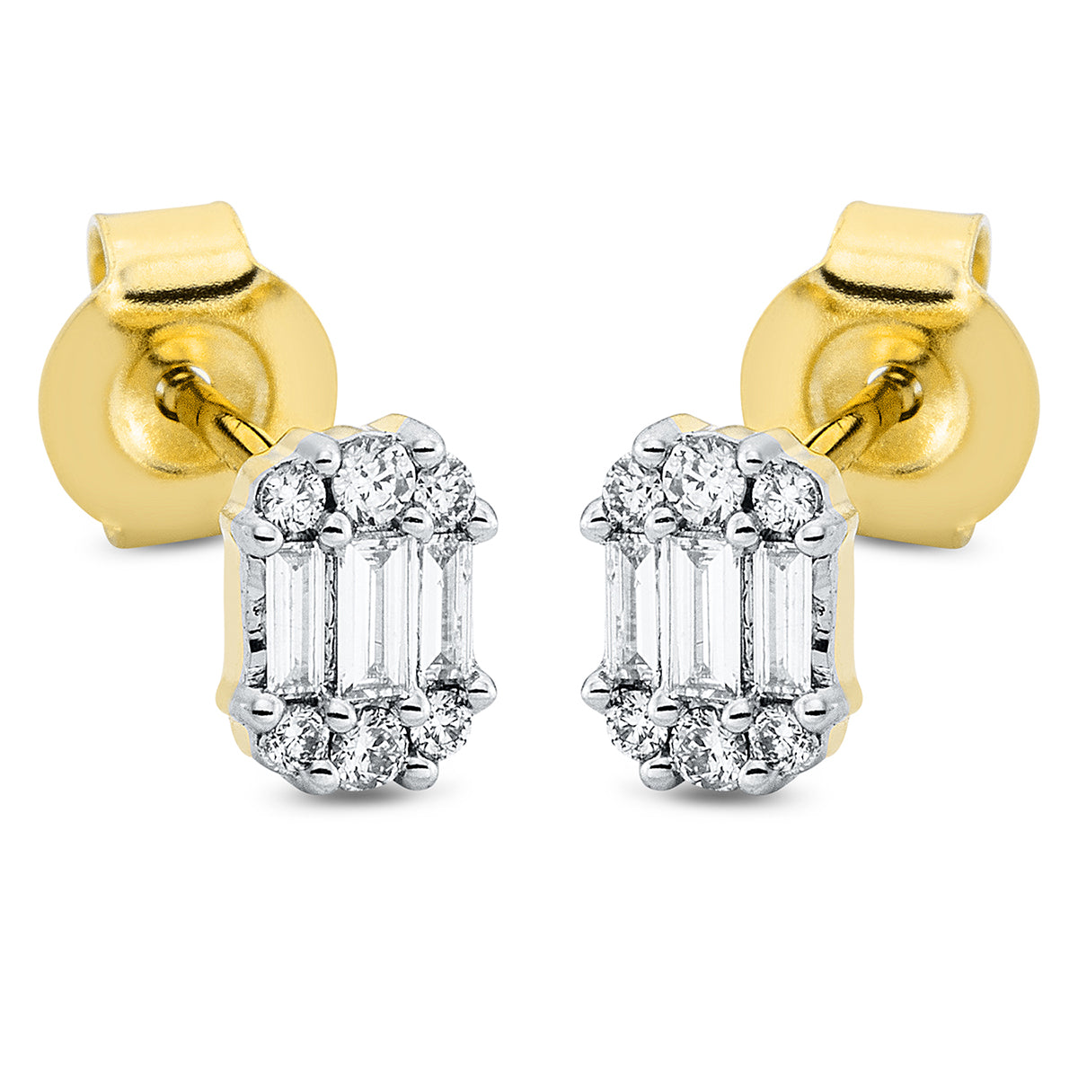 diamond full cut  baguette illusion studs in yellow gold / white gold