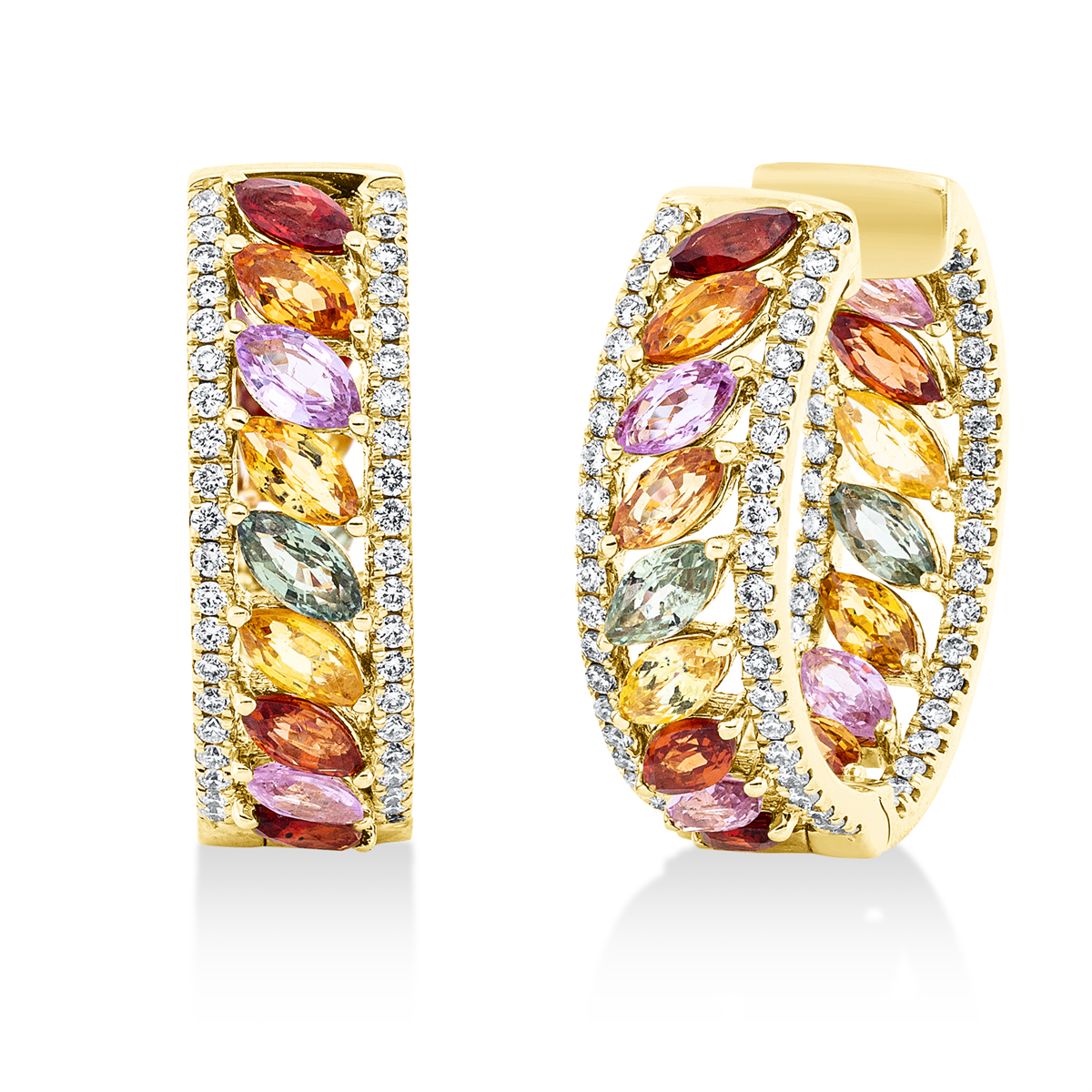 diamond full cut sapphire rainbow & multicolor hoops & huggies in yellow gold