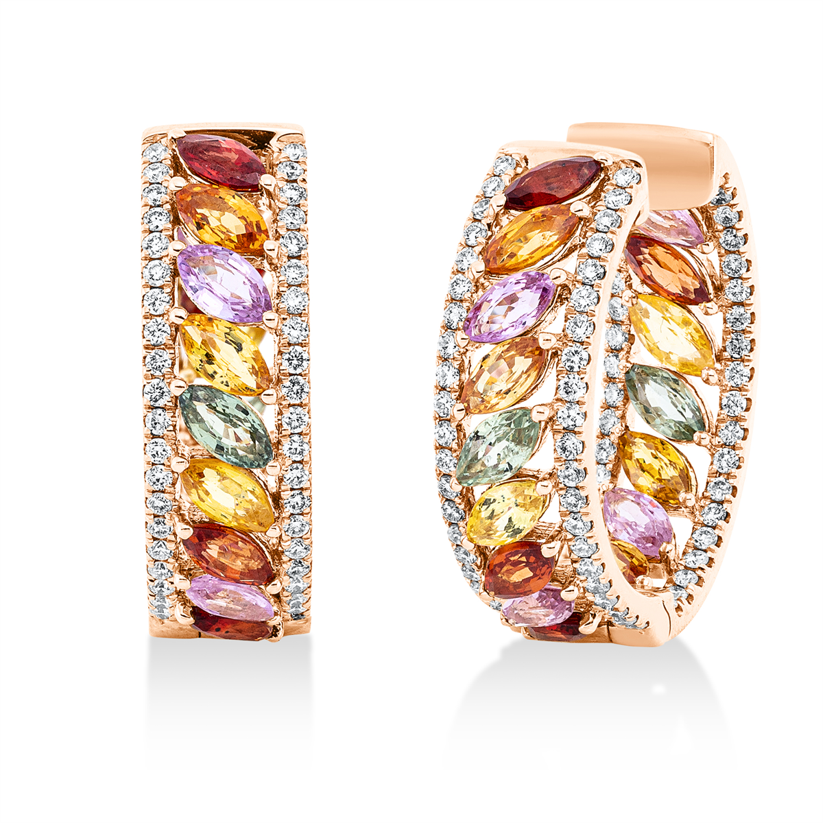 diamond full cut sapphire rainbow & multicolor hoops & huggies in red gold