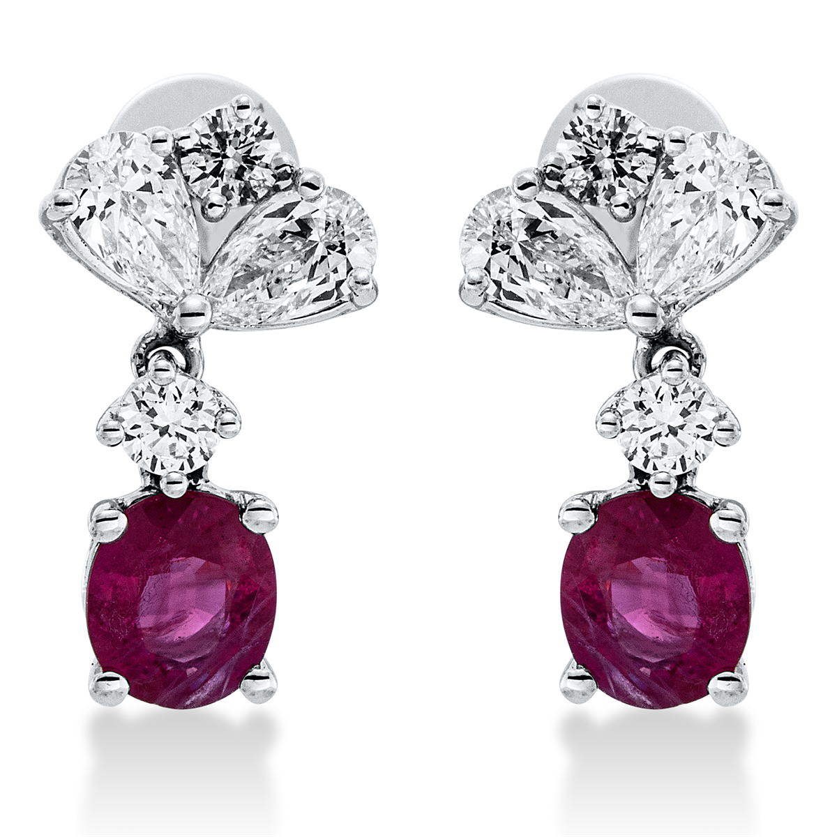 diamond full cut ruby colored stone classic earrings in white gold