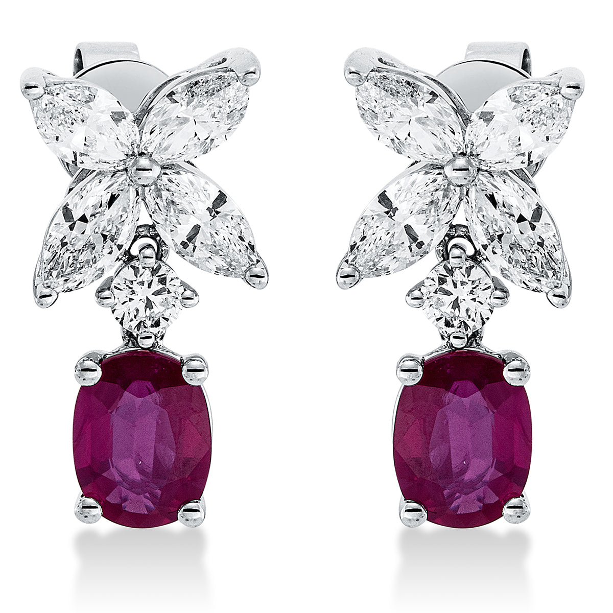 diamond full cut ruby colored stone classic earrings in white gold