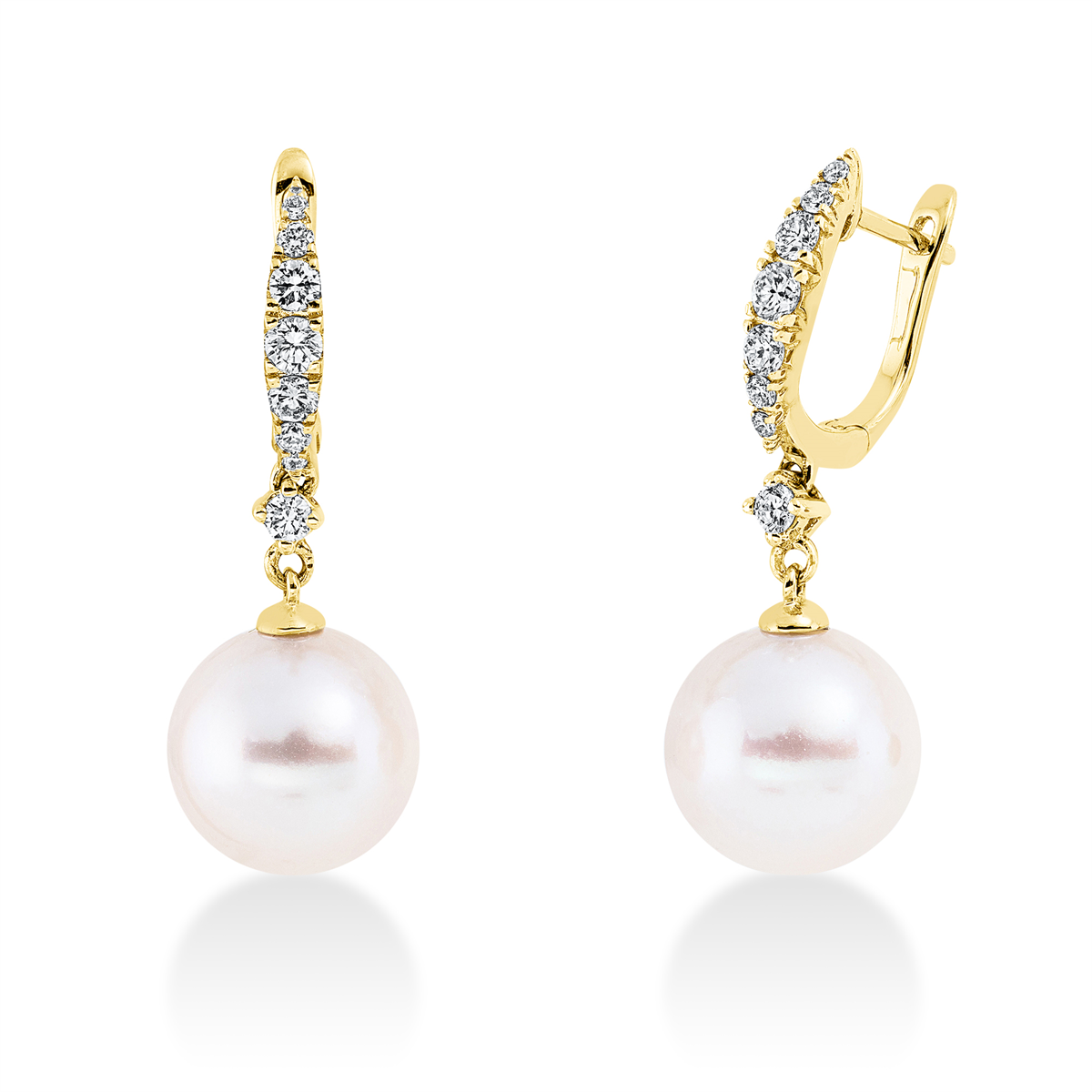 diamond full cut  pearl earrings in yellow gold